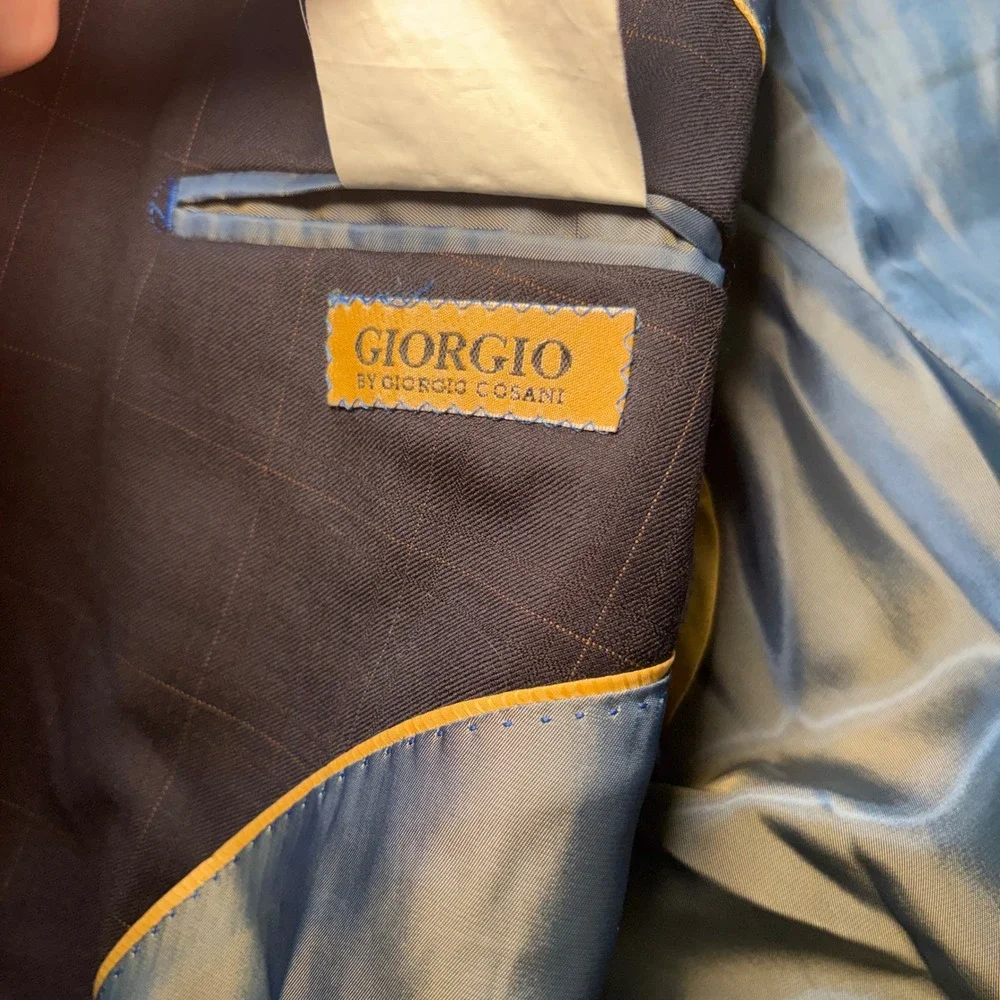 Giorgio Cosani Mens Navy Wool Cashmere Suit Blazer 52R Pants 46x31 Windowpane